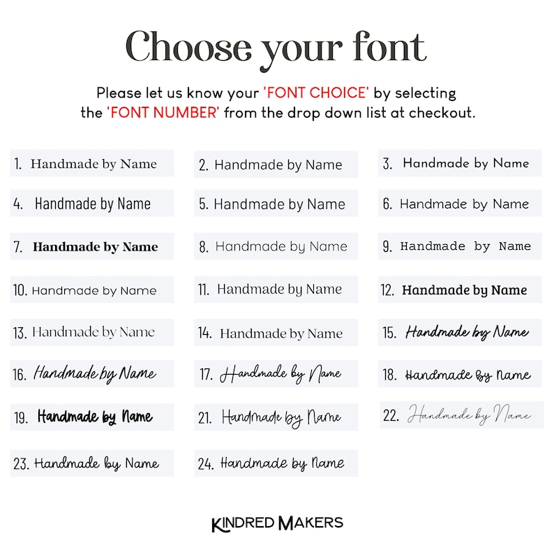 May include: Image displaying a selection of 24 font styles for personalized products. The text reads "Choose your font" and provides instructions to select a font number at checkout. The brand name "KINDRED MAKERS" is at the bottom.