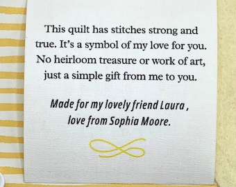 Quilt Label Personalised Blanket Patch 3 Sizes Available Small, Medium, Large, 50mm, 60mm, 70mm Cotton Sew On Quilt Label Tags -007c Friend