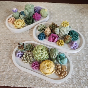 May include: Three white oval trays filled with colorful, handcrafted succulent and cactus-shaped soaps. The soaps are in shades of green, yellow, pink, purple, and blue. The arrangement includes various shapes and sizes, creating a decorative display.