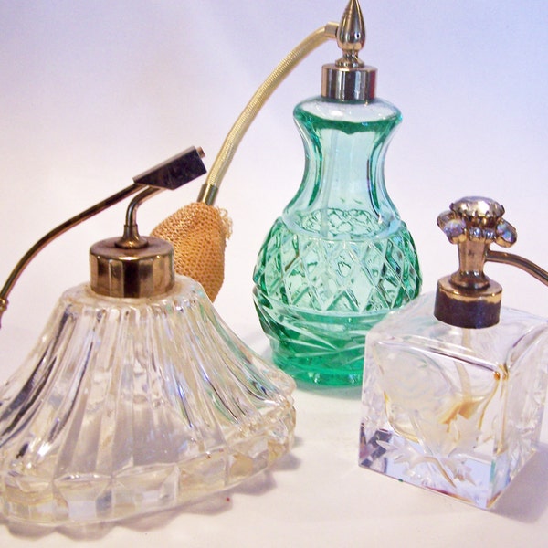 Vintage Lot 3 Glass Perfume Bottles Rhinestones Green Crystal Pressed Etched