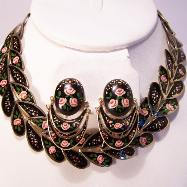 Vintage Marino peint Rose Bijoux Collier Set 2 Pr boucles d'oreilles or noir 1014 DG