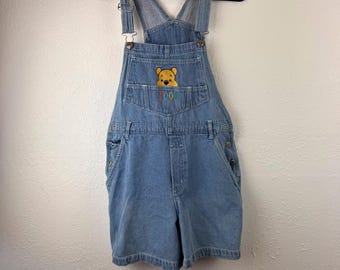 Vintage Disney Winnie the Pooh Denim Shortalls Medium Wash Embroidered 90s M