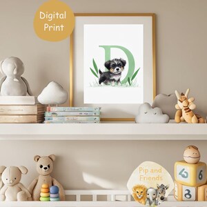Impressão de letras de cachorro | Arte de berçário com alfabeto de animais | Download digital para quarto de bebê ou infantil