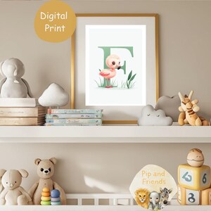 Impressão de letras de flamingo, arte tropical para berçário, letra F de animal, decoração de quarto de bebê, flamingo para imprimir, download do alfabeto para berçário