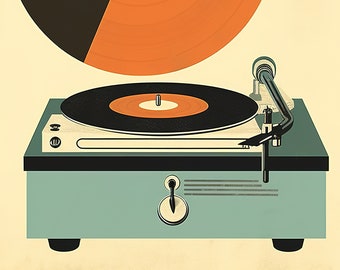May include: A vintage-style record player with a black and orange vinyl record on the turntable. The record player has a light blue base and a black tonearm.