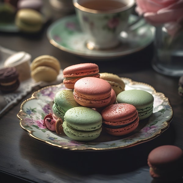 Macaroons with tea, Macaroons wall art, French Macarons, Kitchen Wall art, Food and Still Life, Food photography, Pastel colors