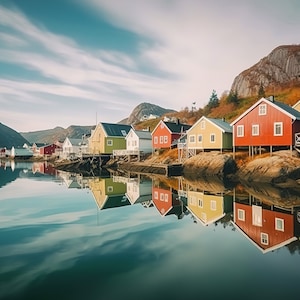 Colorful Norway Fishing Villages, Norwegian Wall Art, Fishing Cabins, Norway Landscape Photo Print,  Scandinavian Landscape Photography