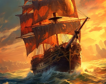 Pirate Ship Painting: Stormy Seas Wall Art (Digital Download)