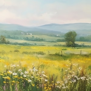Wildflower Landscape Oil Painting, Landscape Art Print, Country Field Wall Art, Digital Download, Wall art for Livingroom, Farmhouse