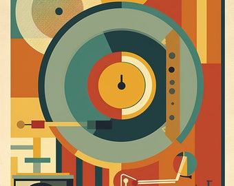 May include: A retro-style illustration of a record player with a large, colorful record on the turntable. The record player is surrounded by geometric shapes in shades of yellow, orange, red, green, and blue.