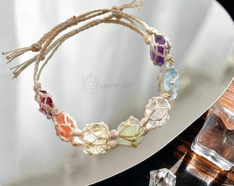 ハンドメイドのレインボーナチュラルマルチクリスタルジュエリー | 調節可能なマクラメブレスレット | ウェアラブルアート