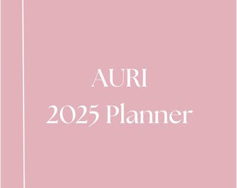 Może przedstawiać: Różowy planer z białą ozdobną ramką i tekstem "AURI 2025 Planner".