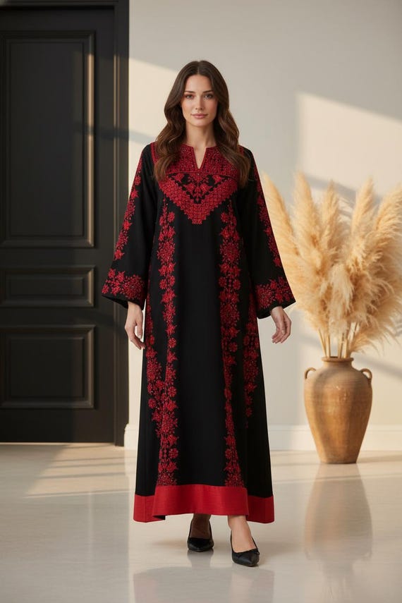 modern tatreez dress Modern Black Palestinian Heritage Dress Tatreez Embroidery