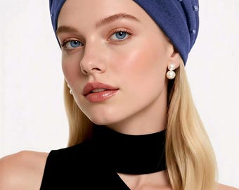 Navy blue  turban with metalic pearls