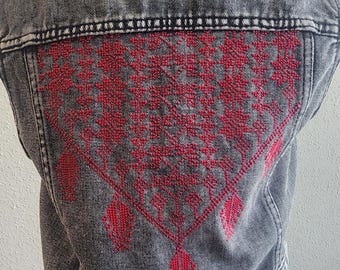 Hand-Embroidered Denim Vest: Palestinian Tatreez,hand embroidery size s