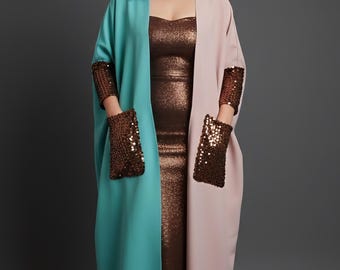 Kimono Abaya con lentejuelas y bloques de color – Prendas de abrigo de noche modestas en verde azulado y rosa