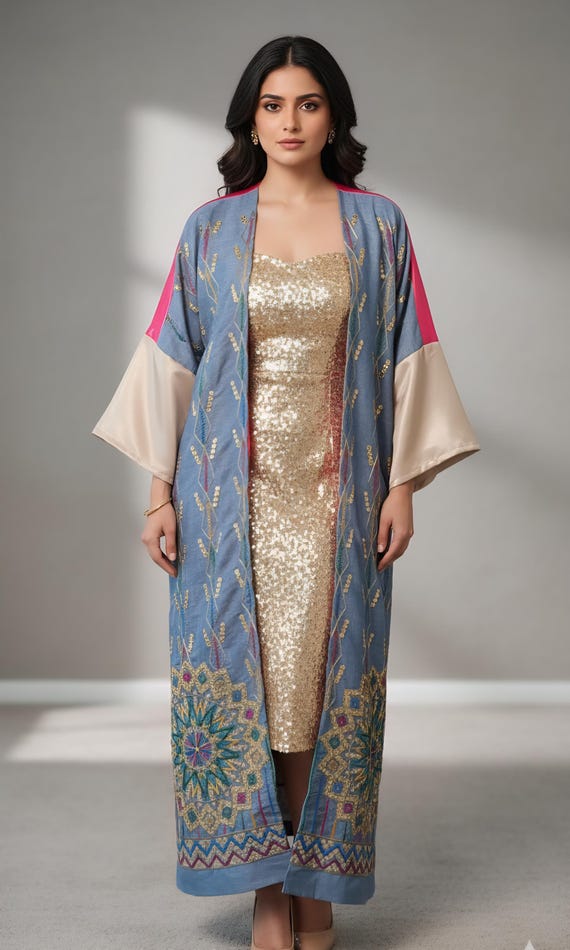 maxi kimono dress abaya pink Stylish Open Front Kimono Abaya with Inner Dress for Women