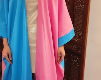 Kimono abaya de lino azul y fucsia con cinturón bordado