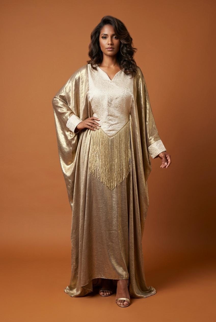 gold dress and caftan with cranes Kaftan clothing boutique