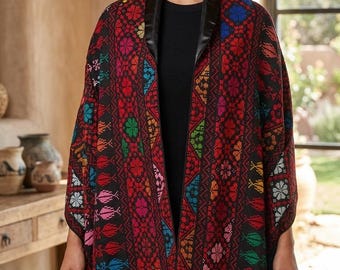 Handmade Palestinian Tatreez Shawl: Embroidered Etamine Wrap with high gloss fabric Lining