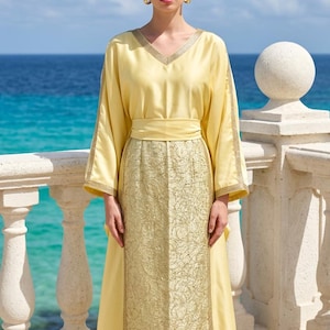 Sun-Yellow Satin Maxi Kaftan - Gold Lace & Sequin Embellished - V-Neck Oversized Occasion Dress - One Size Fits All