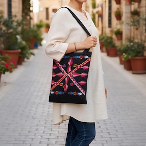Hand stitched Palestinian embroidery tatreez tote bag