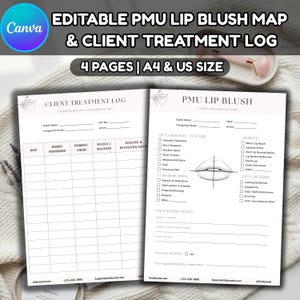 May include: Editable PMU lip blush map and client treatment log. The design includes two open pages with detailed sections for client information, lip condition, and procedure notes. The text includes "4 pages | A4 & US size".