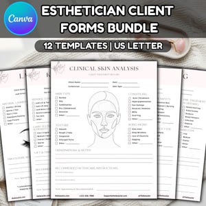 Könnte beinhalten: Ein Bündel von 12 Esthetician Client Forms Vorlagen im US-Letter-Format. Die Dokumente enthalten ein klinisches Hautanalyseformular mit einer Strichzeichnung eines Gesichts, Checkboxen für Hauttyp, Textur, Hautzustände und Nachsorgeanweisungen.