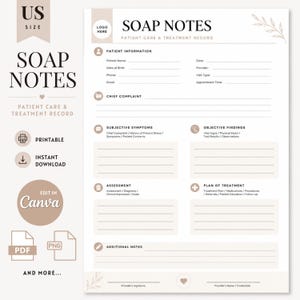 May include: A US size SOAP notes patient care and treatment record template. The document features sections for patient information, chief complaint, subjective symptoms, objective findings, assessment, plan of treatment, and additional notes with icons.