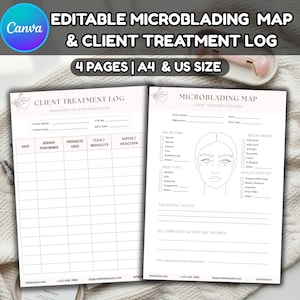 Peut inclure: Modèles éditables de carte de microblading et de journal de traitement client, comprenant 4 pages aux formats A4 et US. Les documents incluent des sections pour les détails du client, les sourcils, le type de peau et les notes de traitement.
