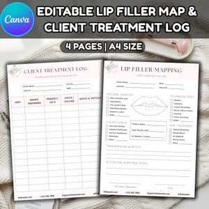 May include: A set of four A4 size printable documents including a Client Treatment Log and a Lip Filler Mapping form. The forms feature black text on a white background with pink accents, including fields for client details, treatment notes, and diagrams.