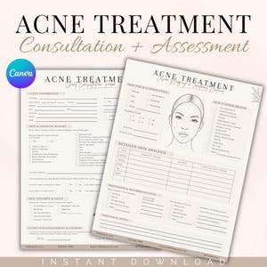 May include: Two printed acne treatment forms featuring a client consultation form and a lesion mapping and treatment protocol. The documents include sections for client information, skin history, detailed skin analysis, and professional recommendations.