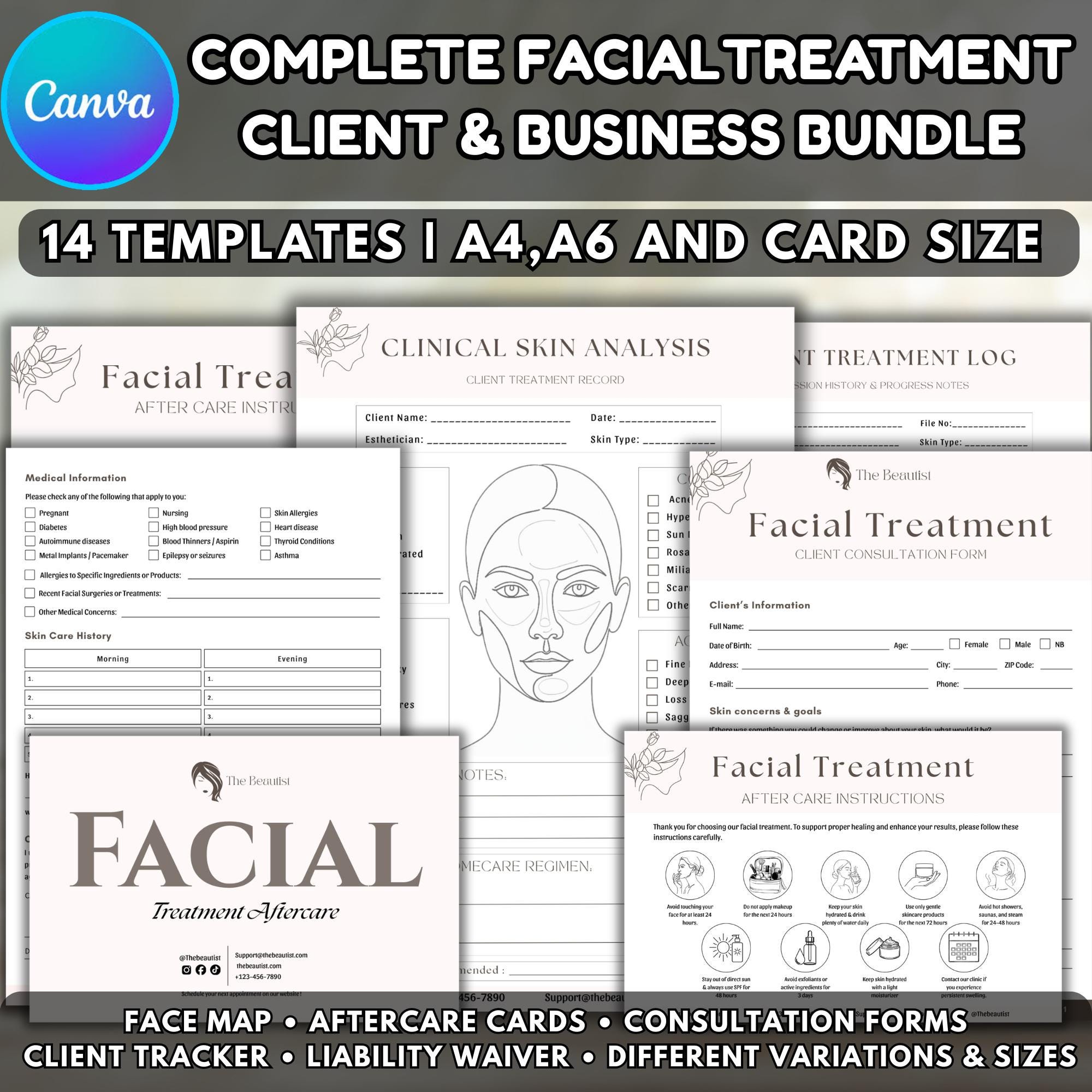 Facial Client Form Esthetician Client Intake Form Bundle — 14-page Canva Medspa Face Map ...