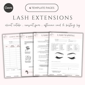 May include: Four-page lash extension templates with headings: client intake, consent form, aftercare card, and history log. The templates are light pink and white with floral accents. The text includes "Lash Mapping" and "Lash Extensions".