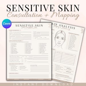 Sensitive Skin Consultation Form & Face Mapping Template, Canva Esthetician Intake Sheet, Facial Skin Analysis Chart, Spa Client Record Log