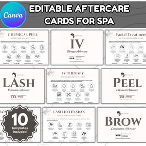 May include: A collection of editable aftercare cards for spas, featuring templates for various treatments like chemical peels, lash extensions, and brow lamination. The cards have a clean, minimalist design with icons and text.
