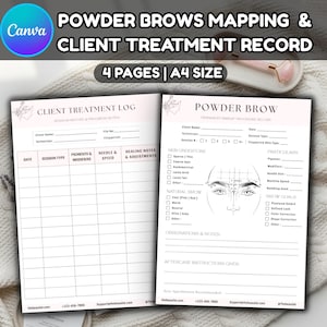 Könnte beinhalten: Ein vierseitiges A4-Set zur Powder-Brows-Kartierung und Kundenbehandlungsdokumentation. Die Unterlagen enthalten Abschnitte für Kundendaten, Sitzungshistorie, Hautunterton, Brauenziele und Notizen sowie ein Gesichtsschema zur Brauenkartierung.