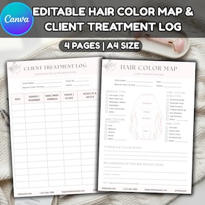 May include: Two A4 size printable pages for a hair color map and client treatment log. The documents feature sections for client details, service types, hair texture, density, pre-color analysis, and a diagram of a head for color mapping.