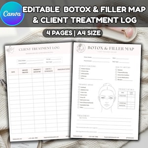 May include: A four-page A4 size editable Botox and filler map and client treatment log template. The documents feature sections for client information, patient concerns, health history, treatment areas with a facial diagram, and product details.