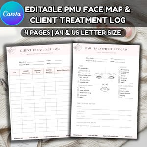 May include: Two-page layout of editable PMU face map and client treatment log. The pages are white with pink accents and include sections for client information, service details, and notes. The text "EDITABLE PMU FACE MAP & CLIENT TREATMENT LOG" is at the top.