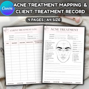 May include: A four-page A4 size acne treatment mapping and client treatment record set. The documents feature sections for client details, acne grade, skin type, acne lesion, and treatment logs with a facial diagram for mapping purposes.