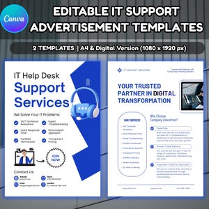 May include: Two-page IT support advertisement templates. The left page features "IT Help Desk Support Services" with icons and contact information. The right page highlights "Your Trusted Partner in Digital Transformation" with service details and company benefits.
