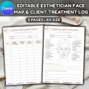 May include: Two-page printable esthetician face map and client treatment log. The pages are A4 size and include sections for client information, skin analysis, and treatment notes. The design is minimalist with a floral accent.