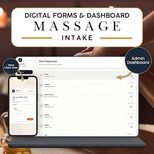 Formulario de admisión digital para masajistas, panel de control para clientes del spa, portal de consentimiento para terapias corporales, cuestionario médico para masajistas titulados, aplicación del centro de bienestar.