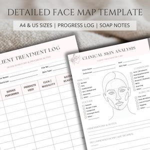Pode incluir: Um modelo detalhado de mapa facial com um formulário de análise clínica da pele e um registo de tratamento do cliente. Os documentos incluem secções para tipo de pele, textura, condições, sinais de envelhecimento e notas de sessão.