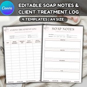 Op de afbeelding: Twee printbare sjablonen op A4-formaat voor schoonheidsspecialisten, bestaande uit een behandelingslogboek voor klanten en SOAP-notities. De formulieren bevatten velden voor klantnaam, datum, sessienummer en gestructureerde secties voor notities.