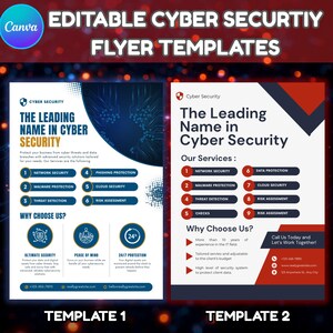 Puede incluir: Dos plantillas de folletos de ciberseguridad editables. La plantilla 1 presenta un diseño azul y blanco con el texto "The Leading Name in Cyber Security". La plantilla 2 tiene un diseño rojo y blanco con el mismo texto. Ambas plantillas enumeran servicios e información de contacto.