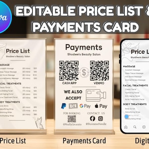 Plantilla de lista de precios de esteticista en Canva, menú de servicios de salón, letrero de escaneo para pagar, pago con código QR, hoja de precios de spa médico, letrero de negocio de belleza