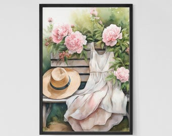 Cottagecore Dress & Hat Watercolor Print: Floral Garden Bench (Digital Download)