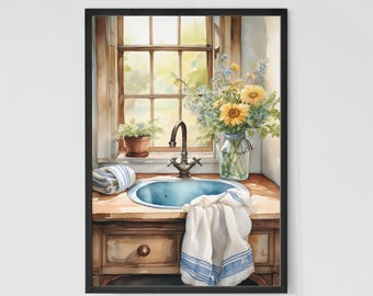 Impressão em aquarela de pia de cozinha francesa: arte floral cottagecore (download digital)